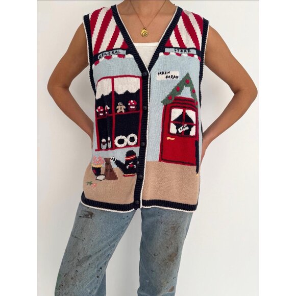 90s vintage multicolor novelty kitschy outdoor scene button up knit sweater vest - Picture 3 of 10